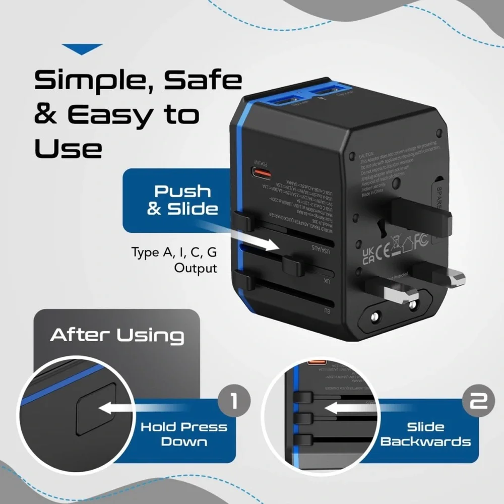 Universal Travel Adapter -Powerful Fast Charging - 2 USB hard case included